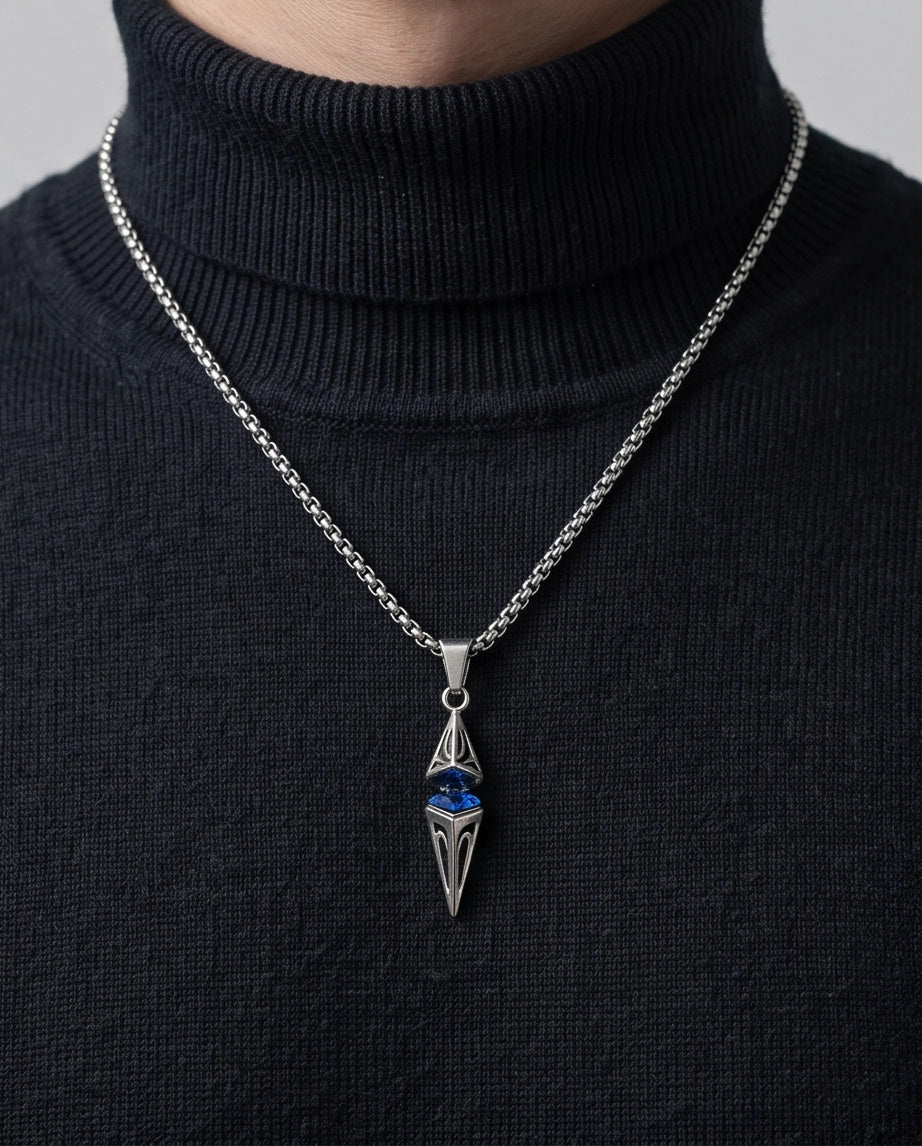 Silver Sapphire Pointed Pendulum Cage Pendant Necklace