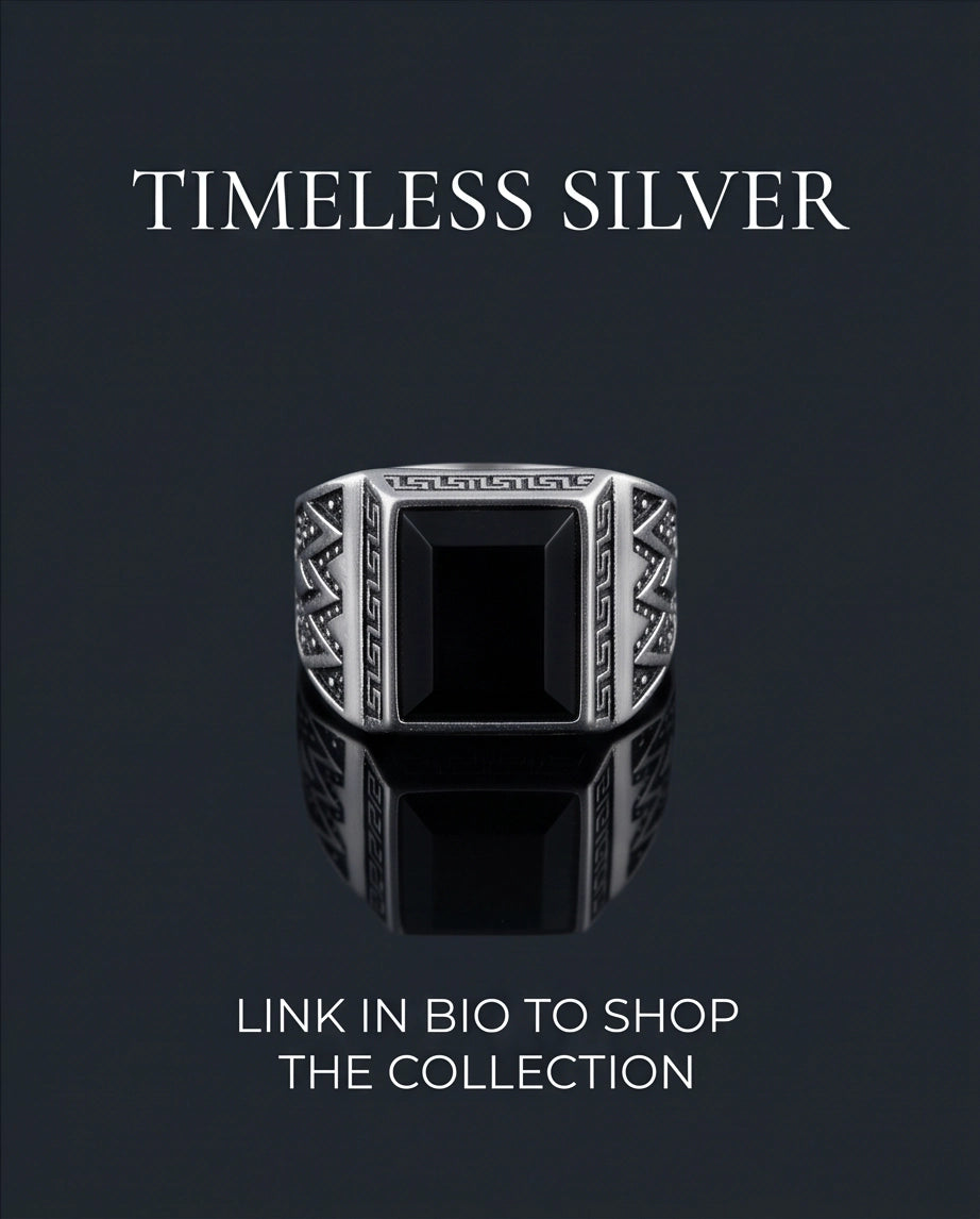 Onyx Gemstone Rectangular Bevel Greek Key Zigzag Silver Ring