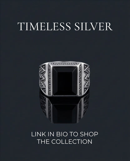 Onyx Gemstone Rectangular Bevel Greek Key Zigzag Silver Ring