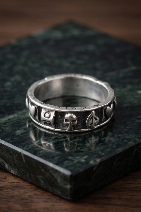 Gothic Sterling Silver Skull and Card Suits Band Ring