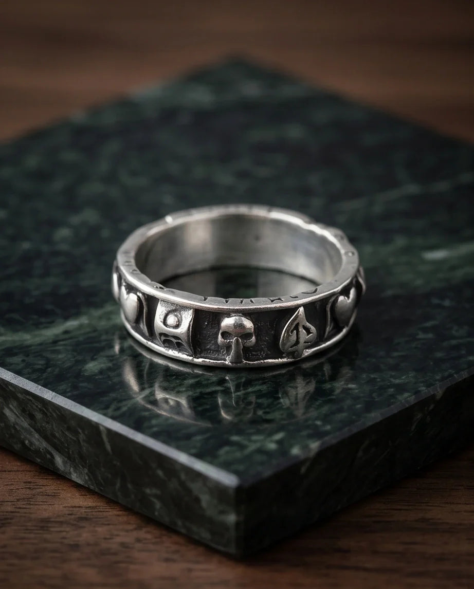 Gothic Sterling Silver Skull and Card Suits Band Ring