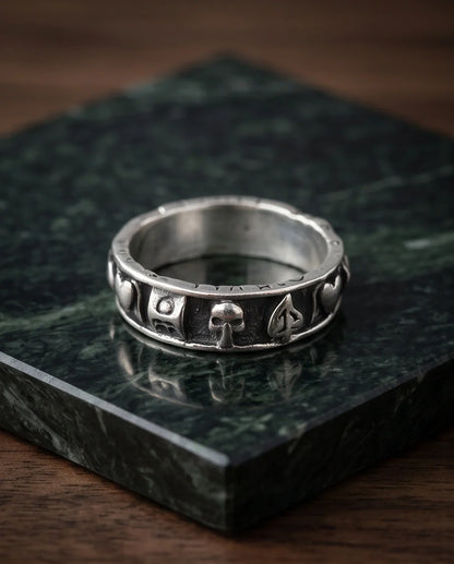 Gothic Sterling Silver Skull and Card Suits Band Ring