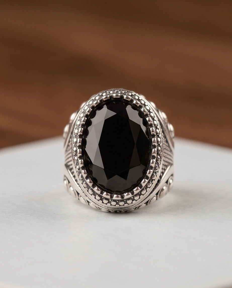 Black Gemstone Double Beaded Frame Studded Silver Ring