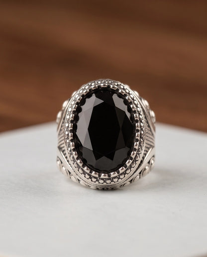 Black Gemstone Double Beaded Frame Studded Silver Ring