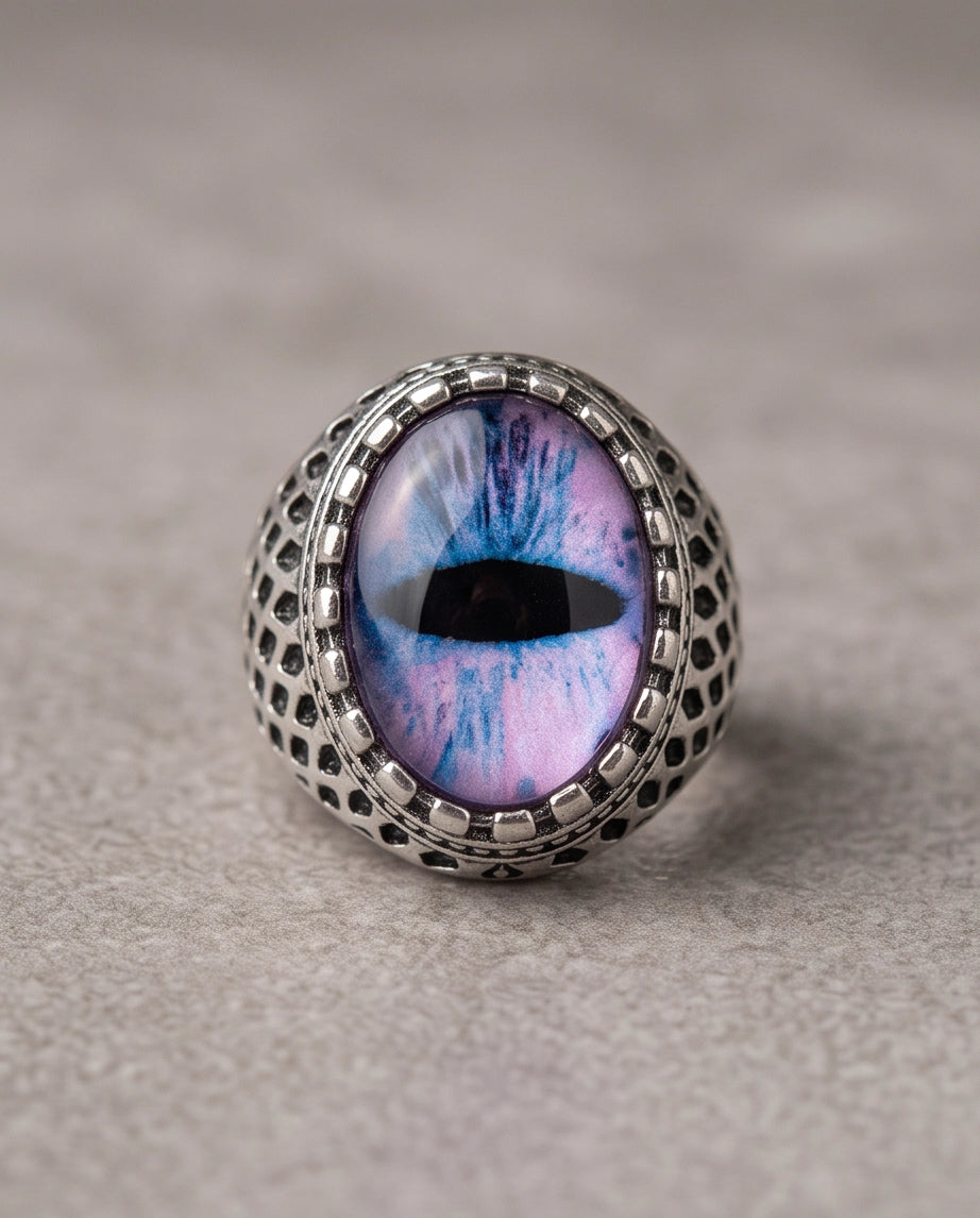 Purple-Blue Slit-Pupil Dragon-Eye Honeycomb-Band Silver Ring