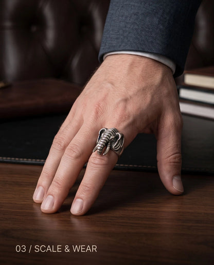 Oxidized Silver Sculpted Elephant Signet Ring
