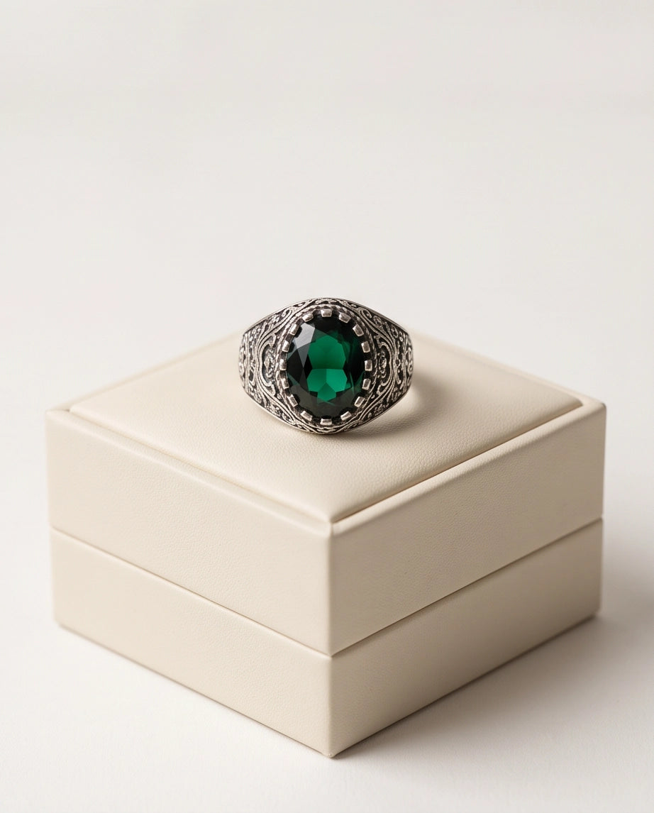 Deep Emerald Oval-Cut Gemstone Ornate Filigree Silver Ring