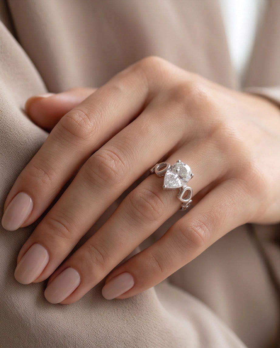 Clear Gemstone Prong-Set Teardrop Loop Silver Ring