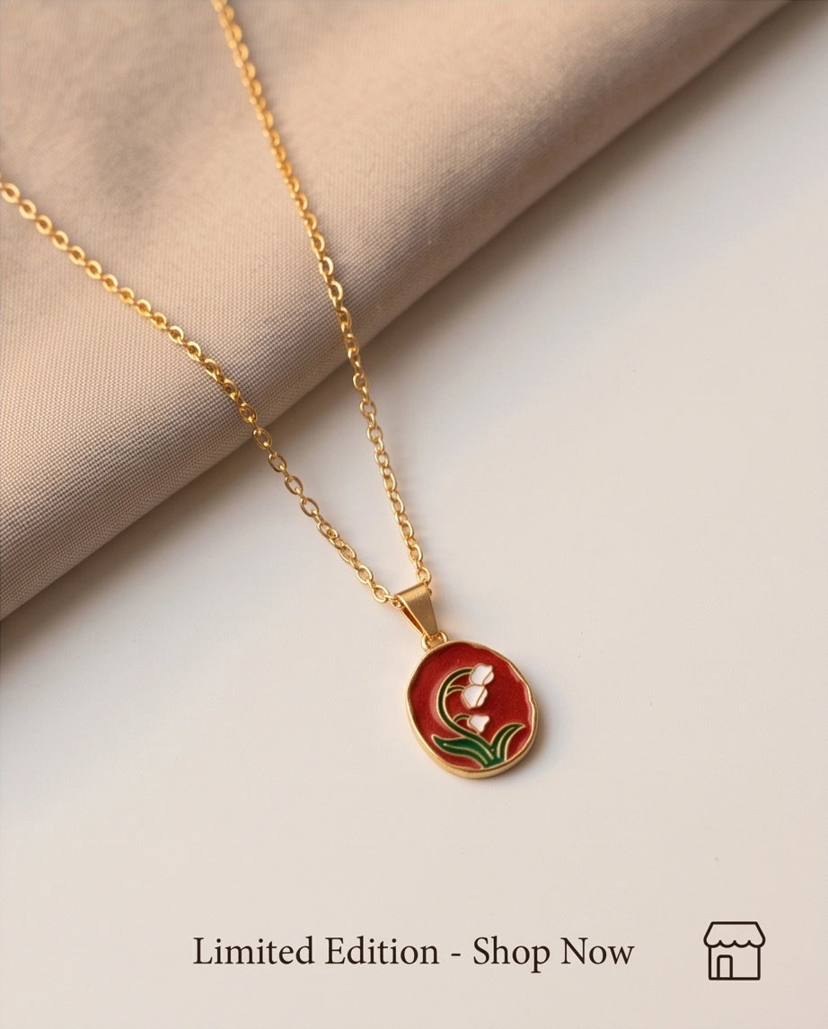 Gold Red Lily of the Valley Enamel Medallion Chain Necklace