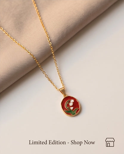 Gold Red Lily of the Valley Enamel Medallion Chain Necklace