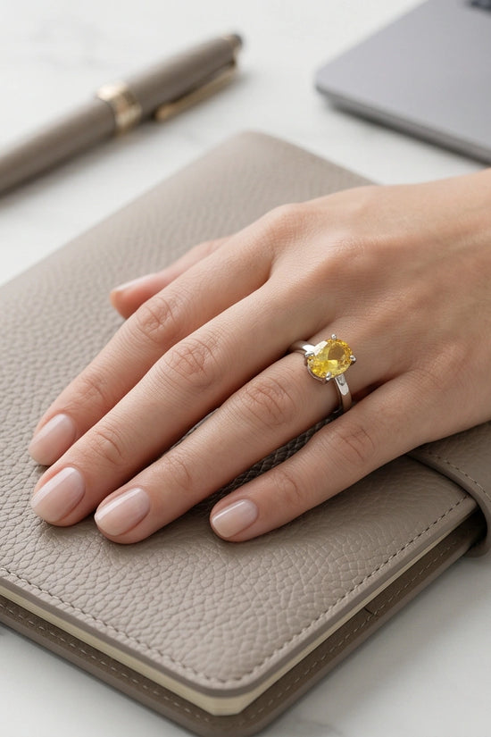 Sterling Silver Oval Yellow Citrine Solitaire Ring