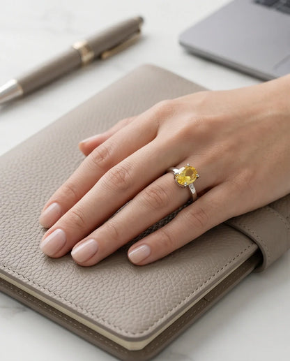 Sterling Silver Oval Yellow Citrine Solitaire Ring