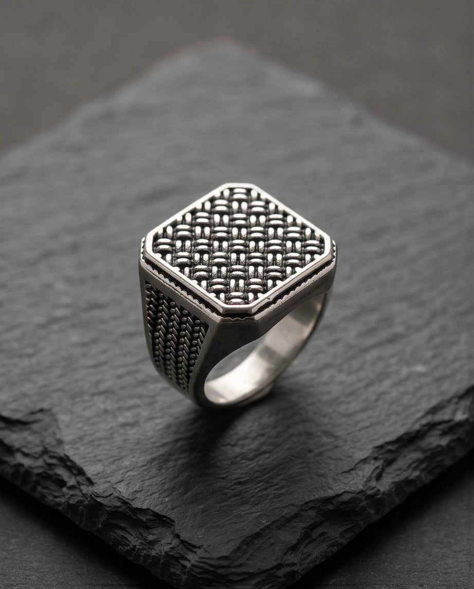 Oxidized Silver Basketweave Square Signet Ring