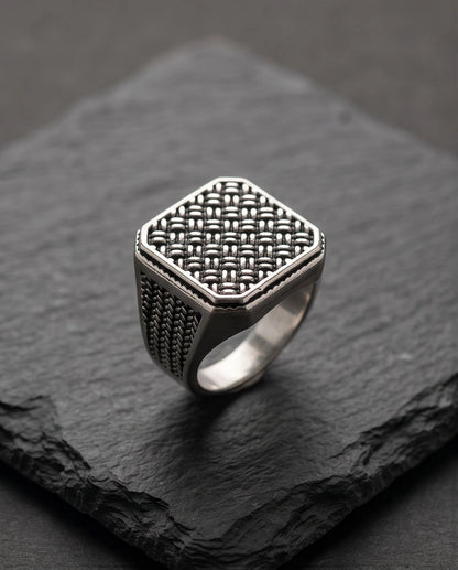 Oxidized Silver Basketweave Square Signet Ring