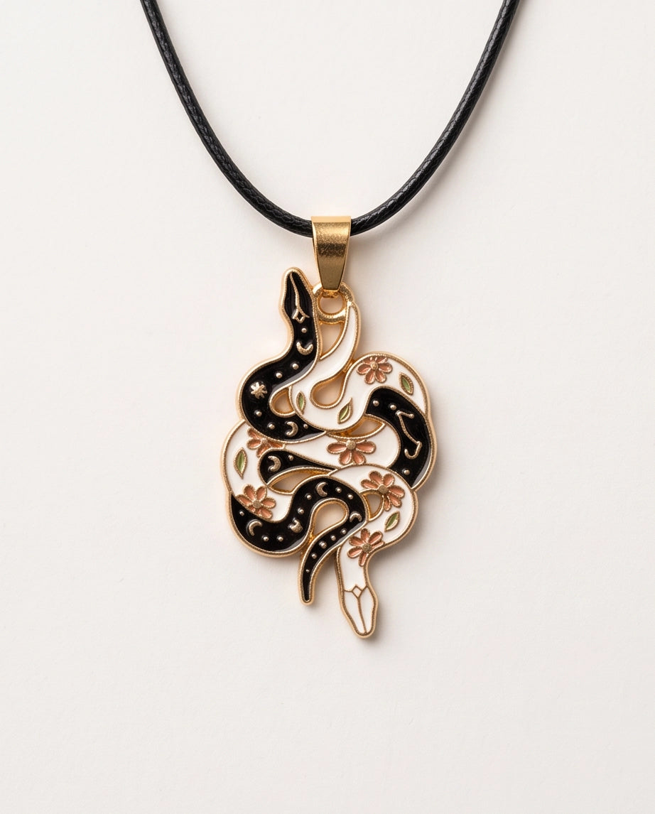 Gold Floral Serpent Enamel Pendant Necklace