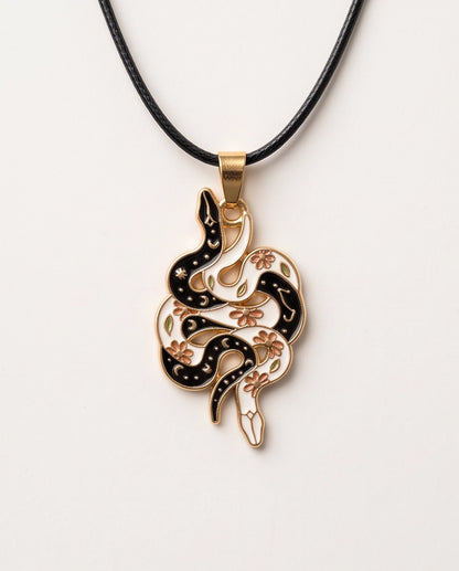 Gold Floral Serpent Enamel Pendant Necklace