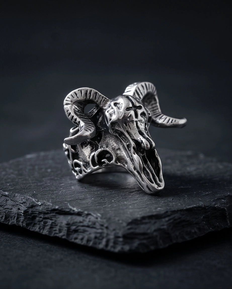 Oxidized Silver Ram Skull Sculpted Ring