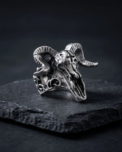 Oxidized Silver Ram Skull Sculpted Ring