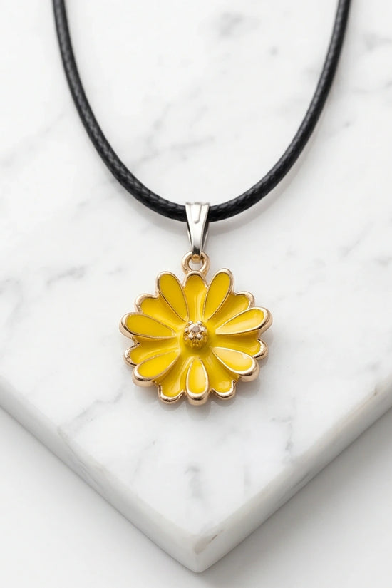Vibrant Yellow Sunflower Enamel Pendant Necklace with Crystal Accent