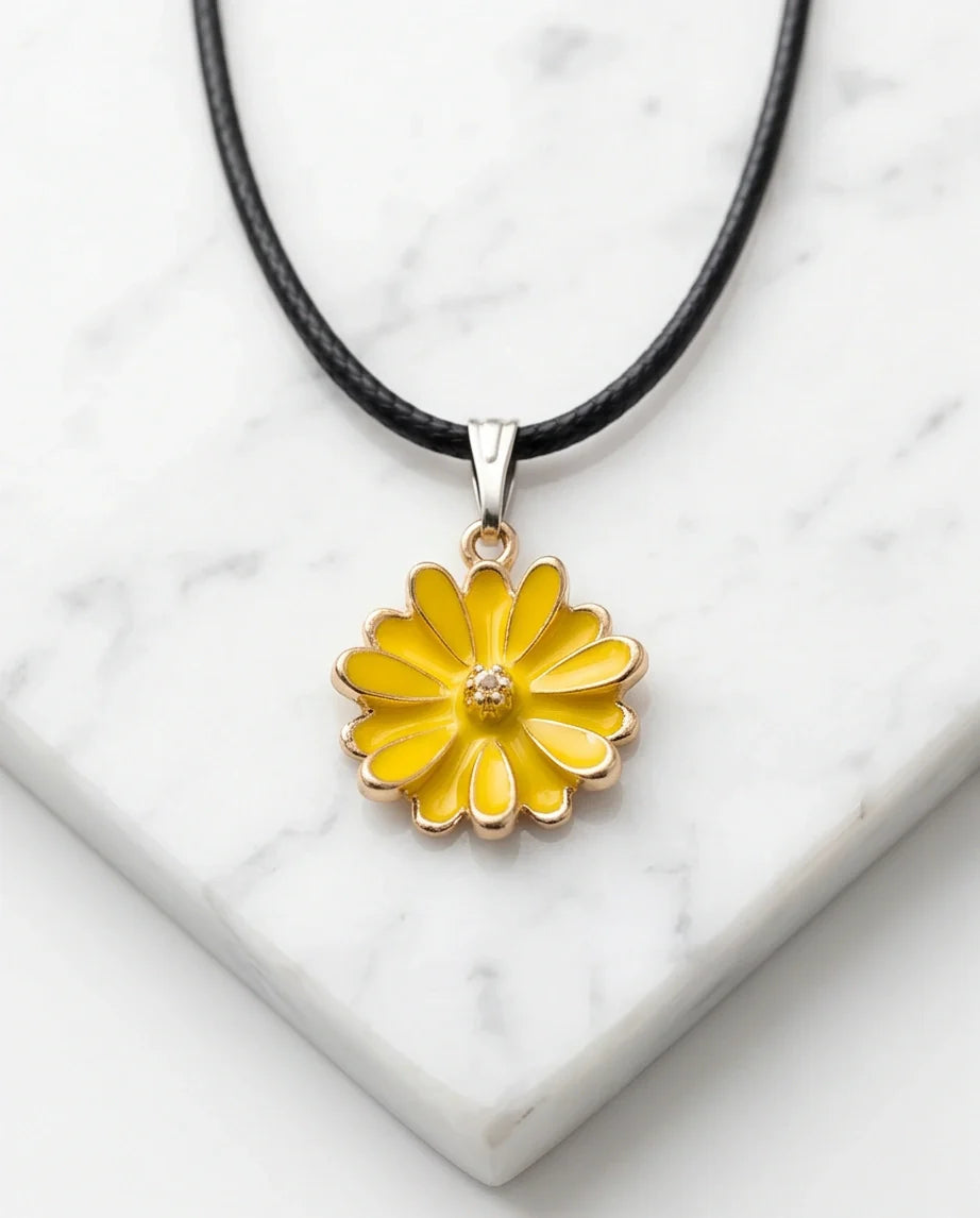 Vibrant Yellow Sunflower Enamel Pendant Necklace with Crystal Accent