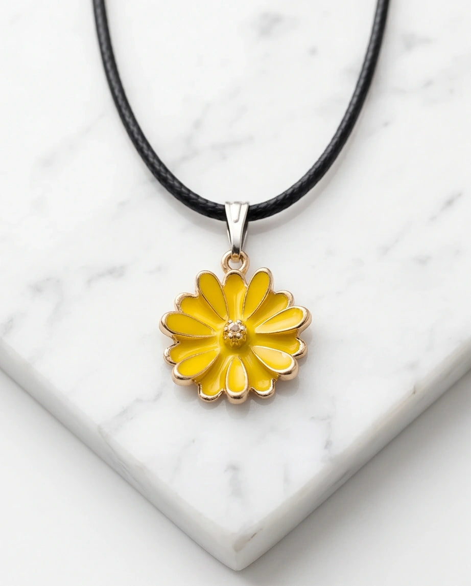 Vibrant Yellow Sunflower Enamel Pendant Necklace with Crystal Accent