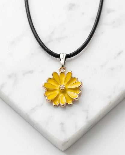 Vibrant Yellow Sunflower Enamel Pendant Necklace with Crystal Accent