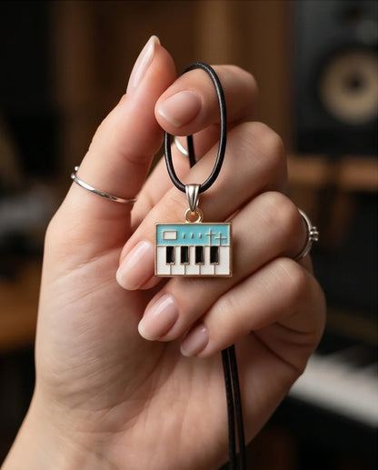 Gold and Light Blue Synthesizer Keyboard Necklace