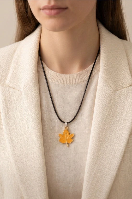 Golden Autumn Maple Leaf Enamel Pendant Necklace