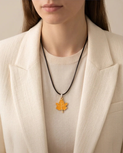 Golden Autumn Maple Leaf Enamel Pendant Necklace