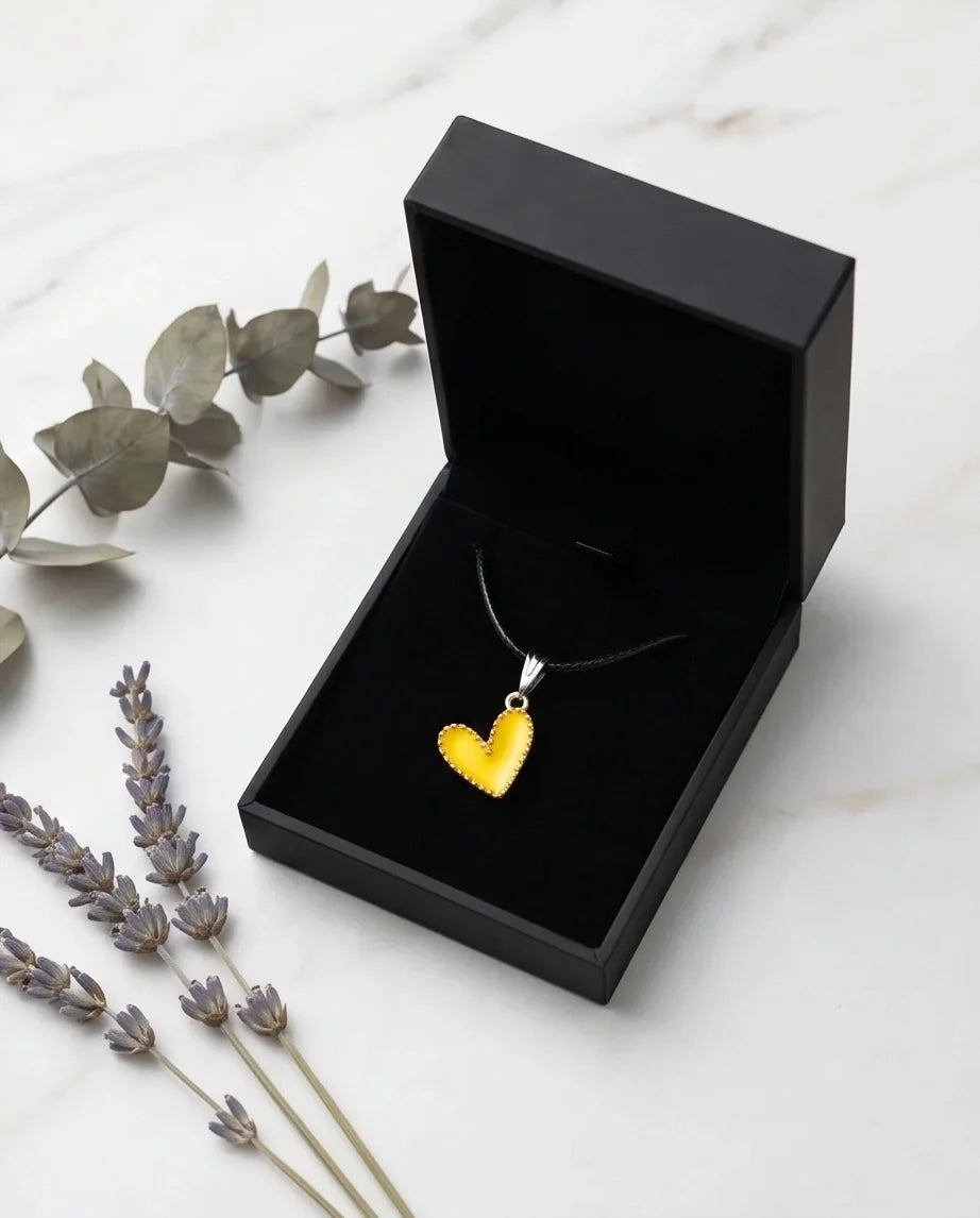 Vibrant Yellow Beaded-Edge Heart Enamel Pendant Necklace
