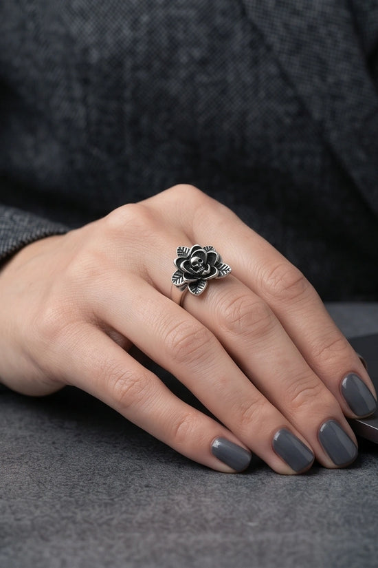 Gothic Sterling Silver Skull Rose Ring