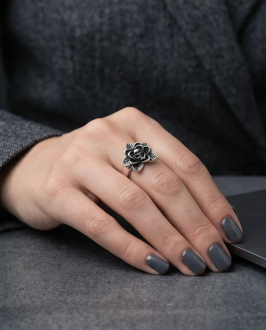 Gothic Sterling Silver Skull Rose Ring