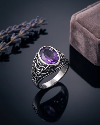 Amethyst Purple Oval-Cut Gemstone Celtic Knot Silver Ring
