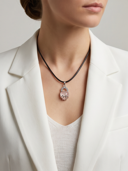 Pink Quartz Heart Bow Lock Pendant Necklace