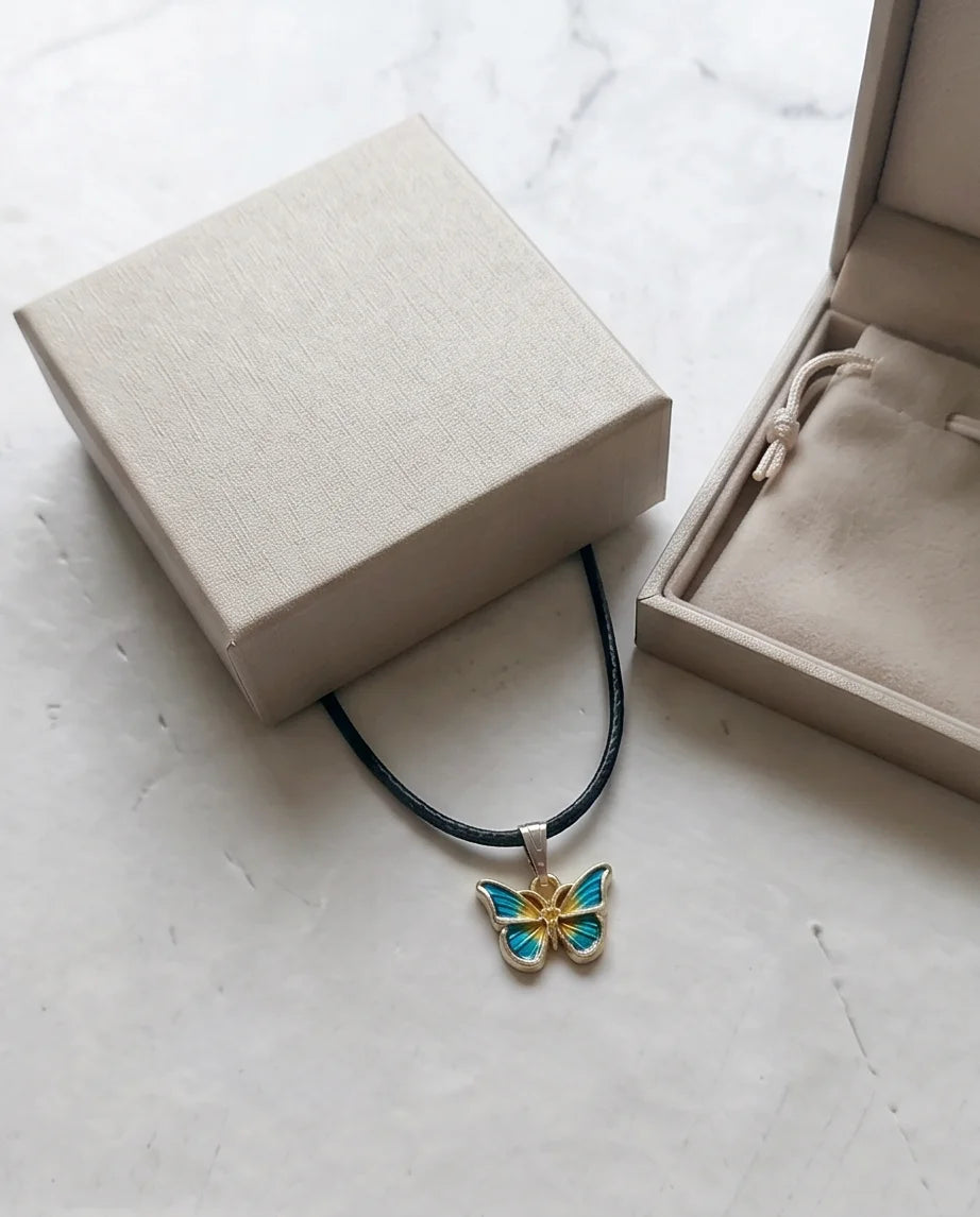 Teal & Gold Butterfly Pendant Necklace