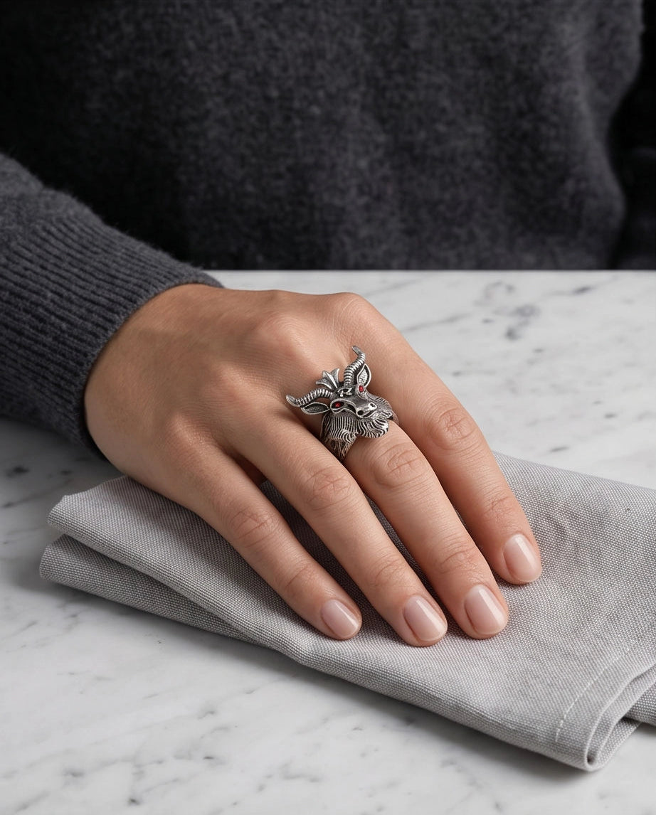 Red-Eyed Sculpted Baphomet Ram Ring