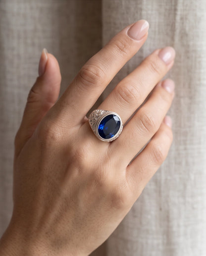 Cobalt Blue Oval-Cut Gemstone Filigree Silver Ring