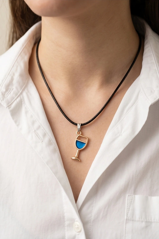 Gold and Royal Blue Wine Glass Necklace
