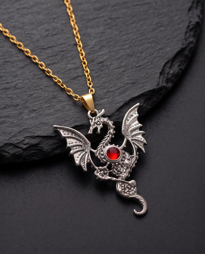 Silver Red Gemstone Dragon Pendant Necklace