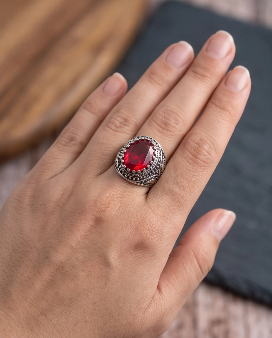Ruby Gemstone Crown Prong Bezel Teardrop Filigree Silver Ring