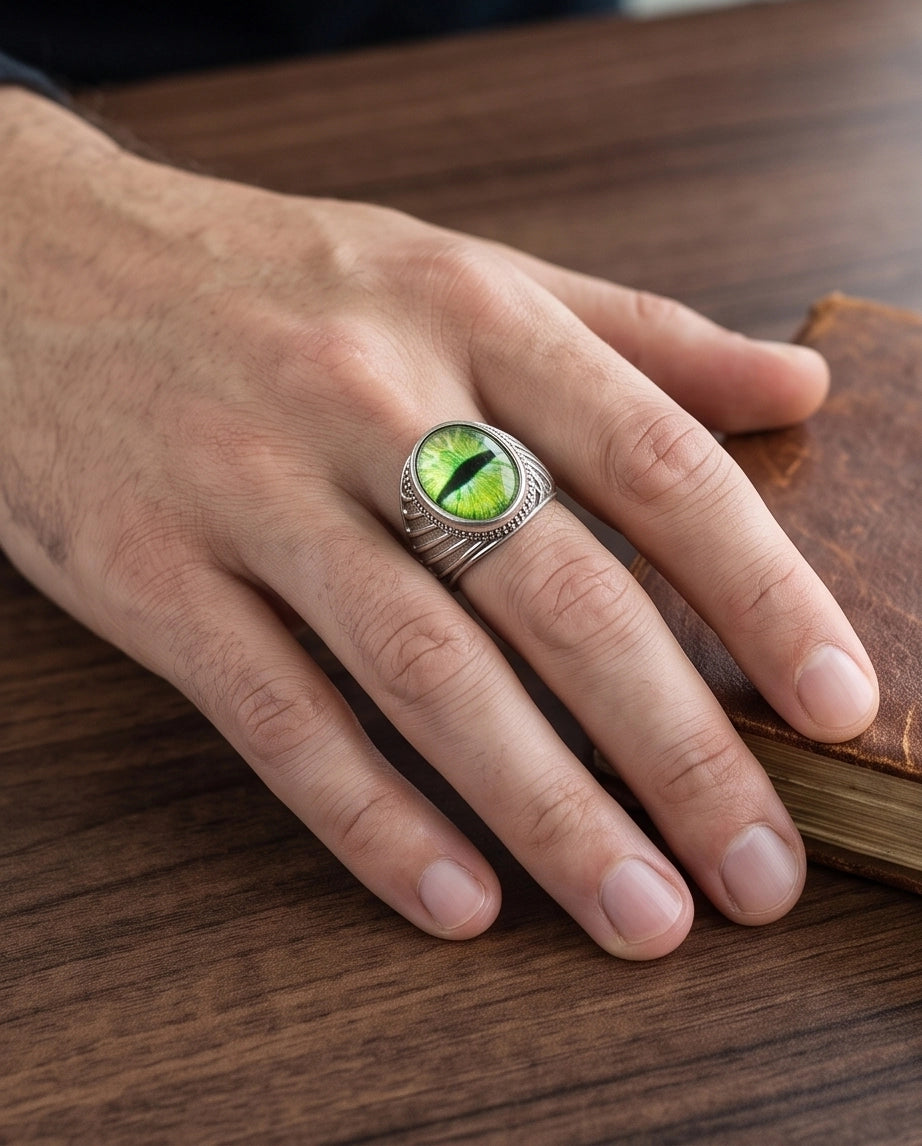 Emerald Serpent Eye Beaded Silver Ring