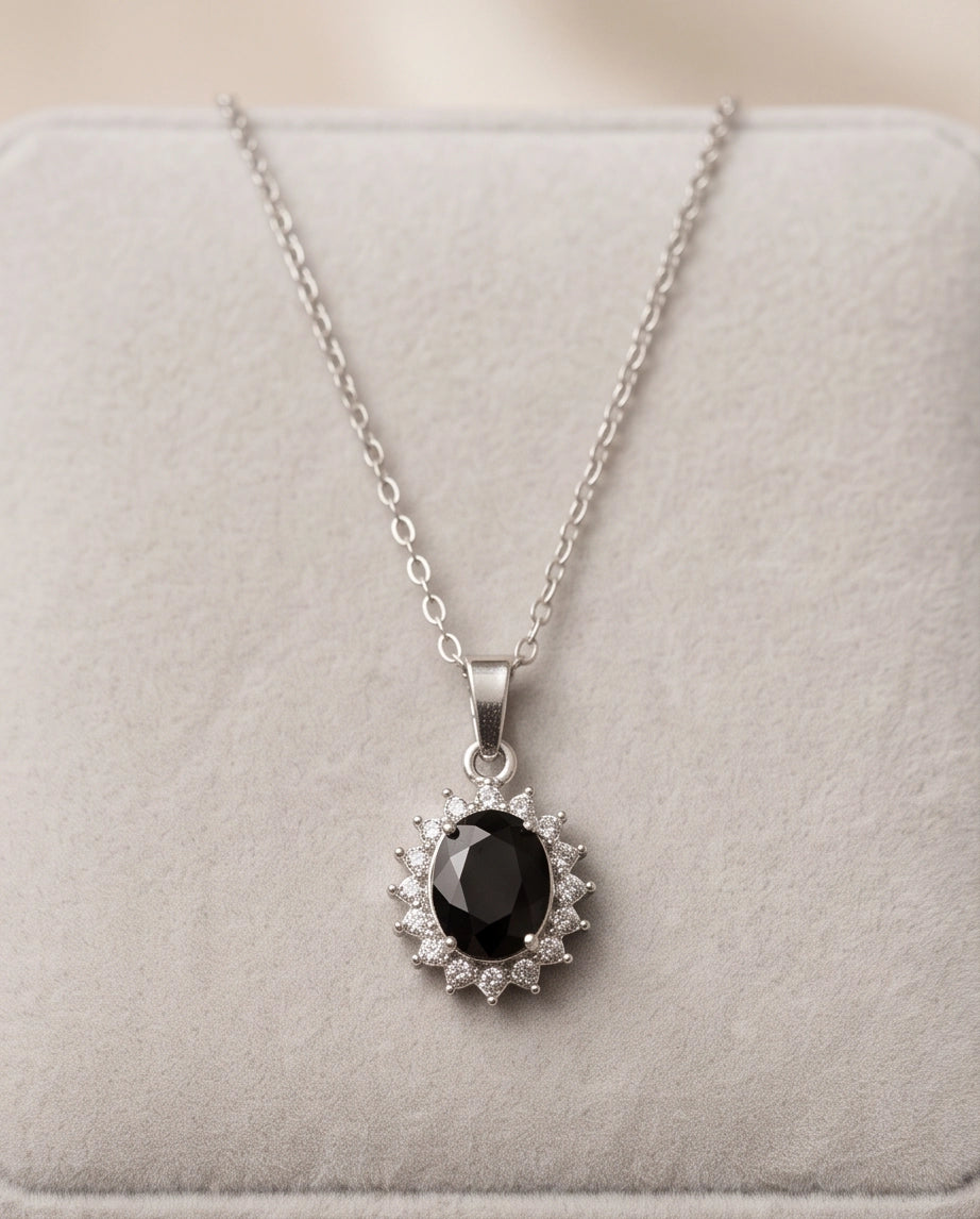 Silver Black Gem Oval Halo Medallion Pendant Necklace
