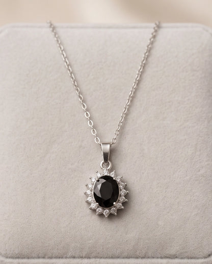 Silver Black Gem Oval Halo Medallion Pendant Necklace