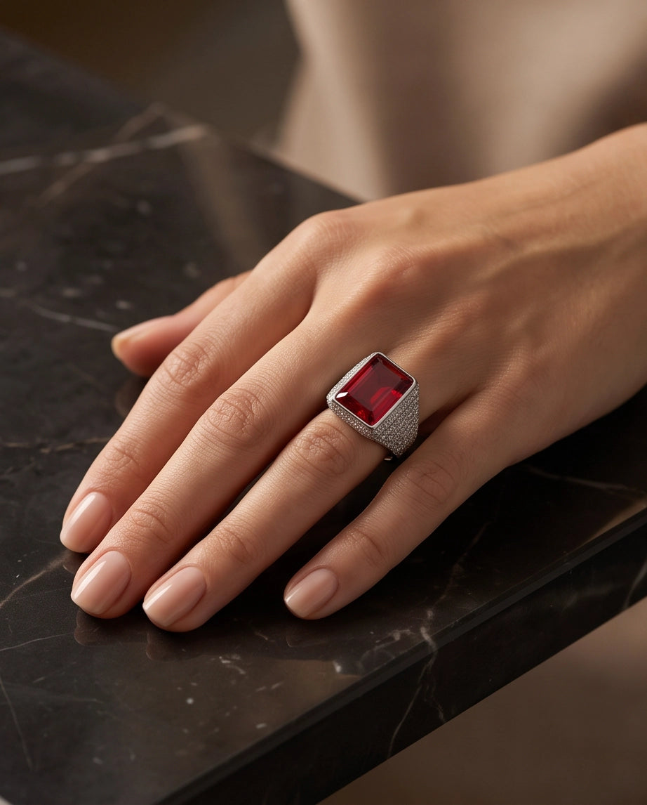 Ruby Red Emerald-Cut Gemstone Stippled Halo Silver Ring