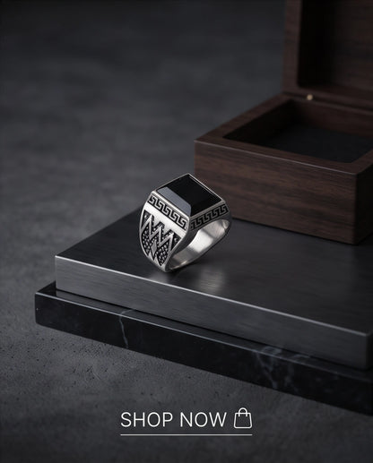 Onyx Gemstone Rectangular Bevel Greek Key Zigzag Silver Ring