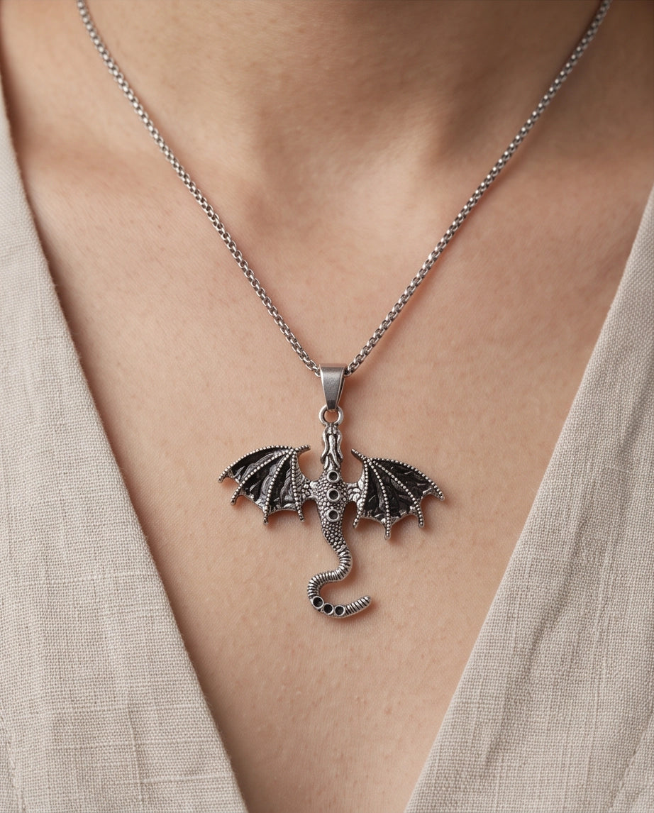 Silver Oxidized Dragon Wyvern Pendant Necklace