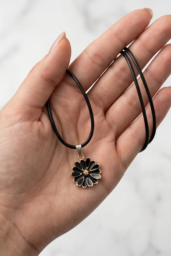 Gold and Black Sunflower Pendant Necklace