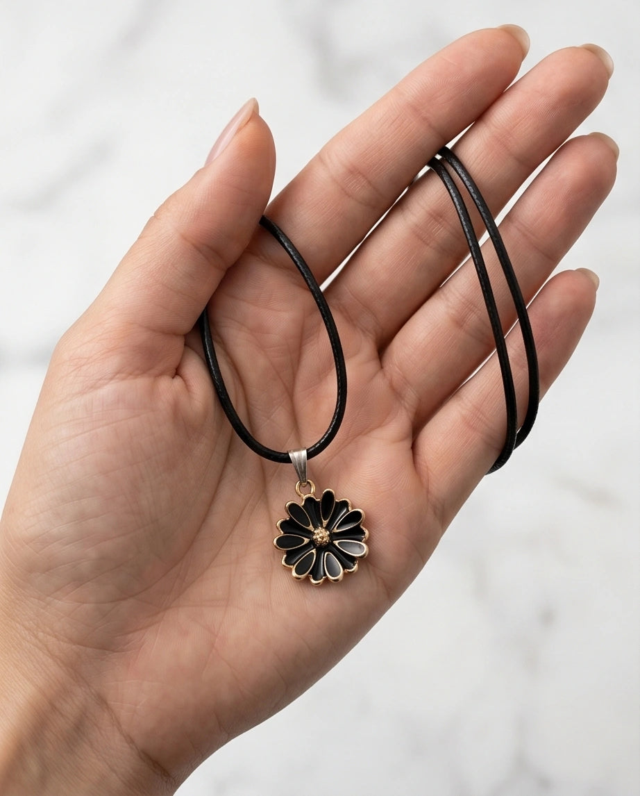 Gold and Black Sunflower Pendant Necklace