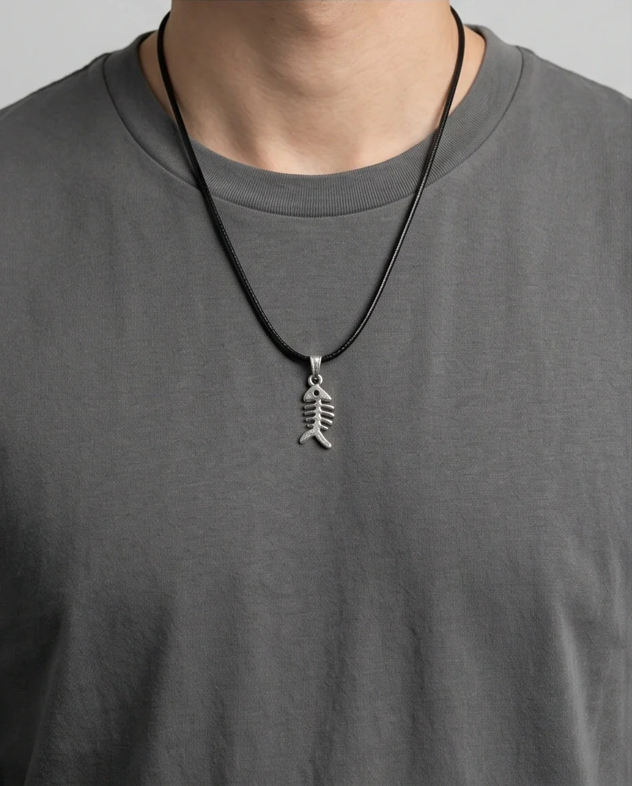 Silver Quirky Fishbone Pendant Necklace