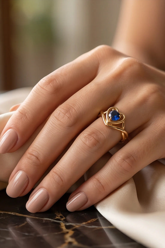14K Gold Sapphire Heart-Shaped Openwork Ring